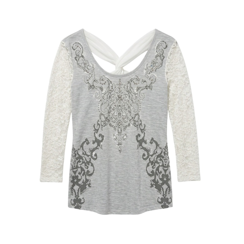 Miss Me Grey Lace Sleeve Rhinestone Graphic Top Late Y2K Western Glam Small